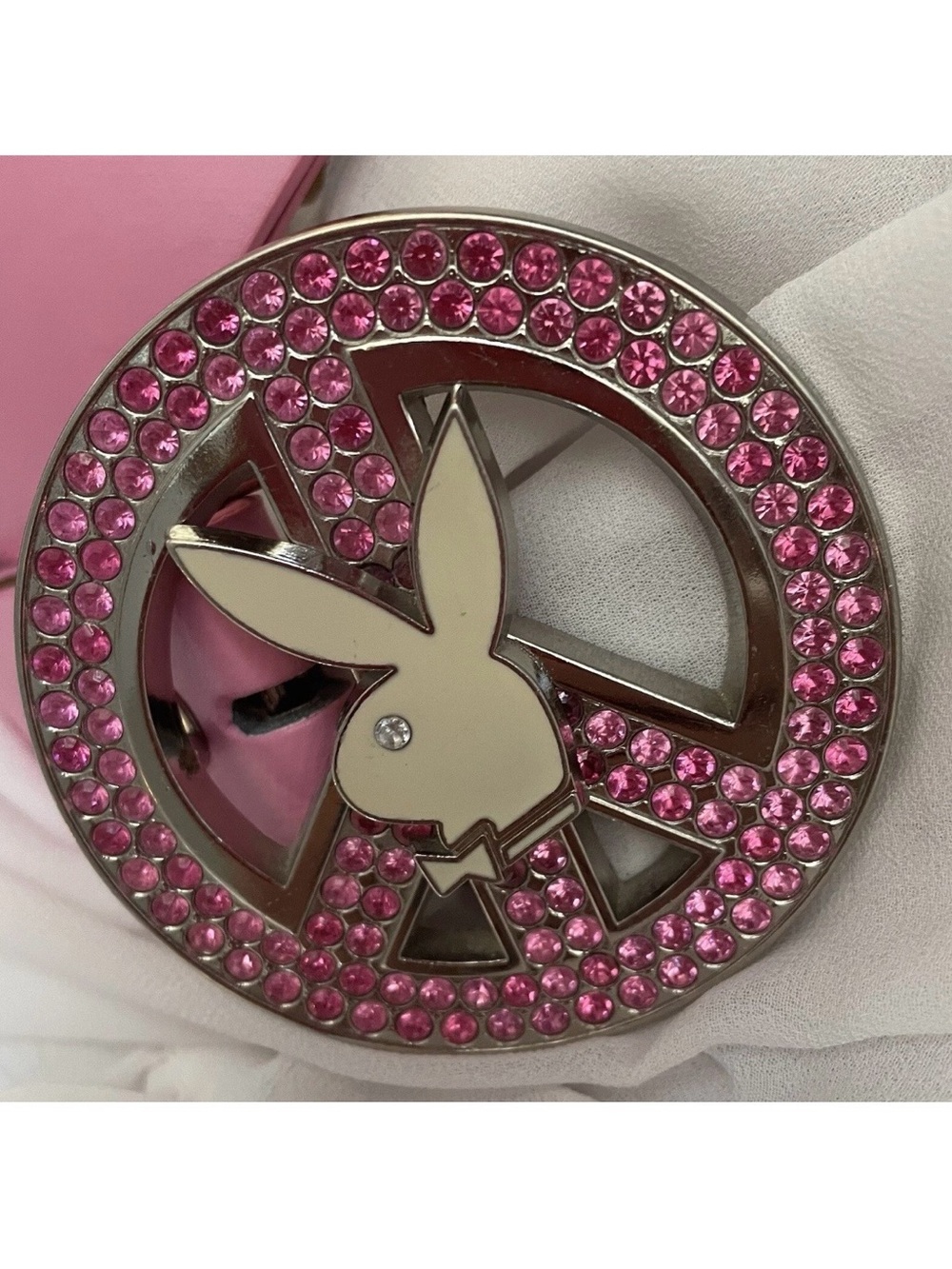 💥RARE💥Y2K Pink Rhinestone Bling Peace Sign Hippie Playboy Belt Buckle Pink Belt